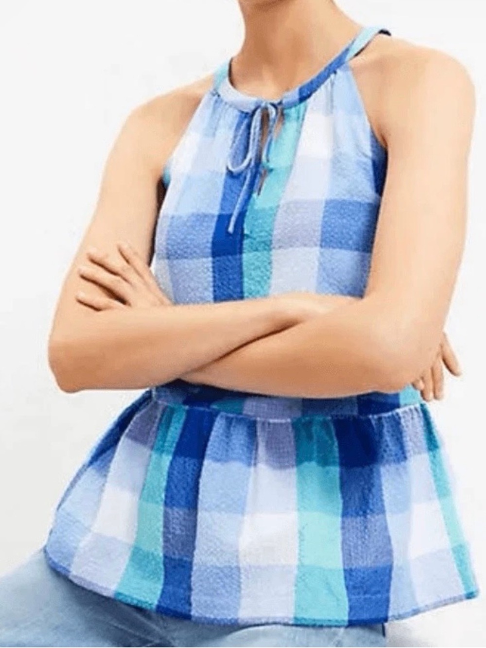 LOFT Blue & Teal Plaid Peplum Tank